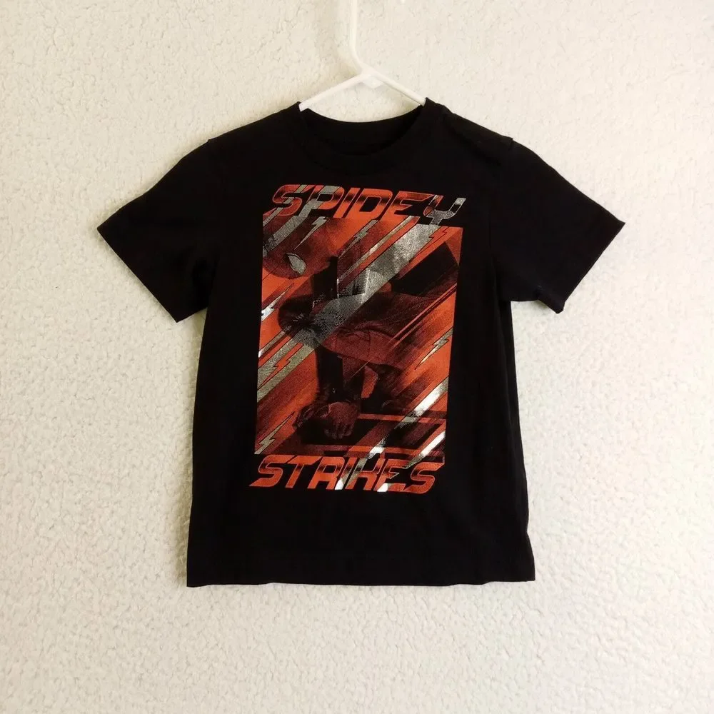 Spiderman Shirt Kids Small‎ Short Sleeve Spidey Strikes Black Cotton/Poly